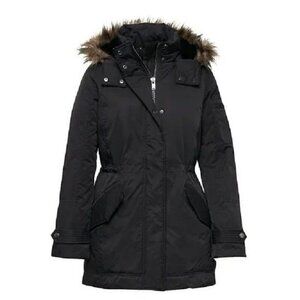 BANANA REPUBLIC Rain Resistant Faux Fur Down Hooded Parka Jacket Black Sz S EUC
